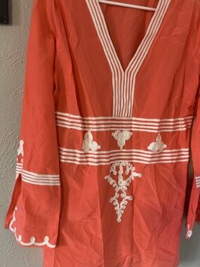 J MLaughtin Coral Embroidered V-Neck Tunic with White Trim